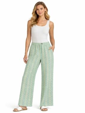 Carlisle Wide-Leg Pants in Mint and Light Blue Floral Print 92% Silk 8% Spandex